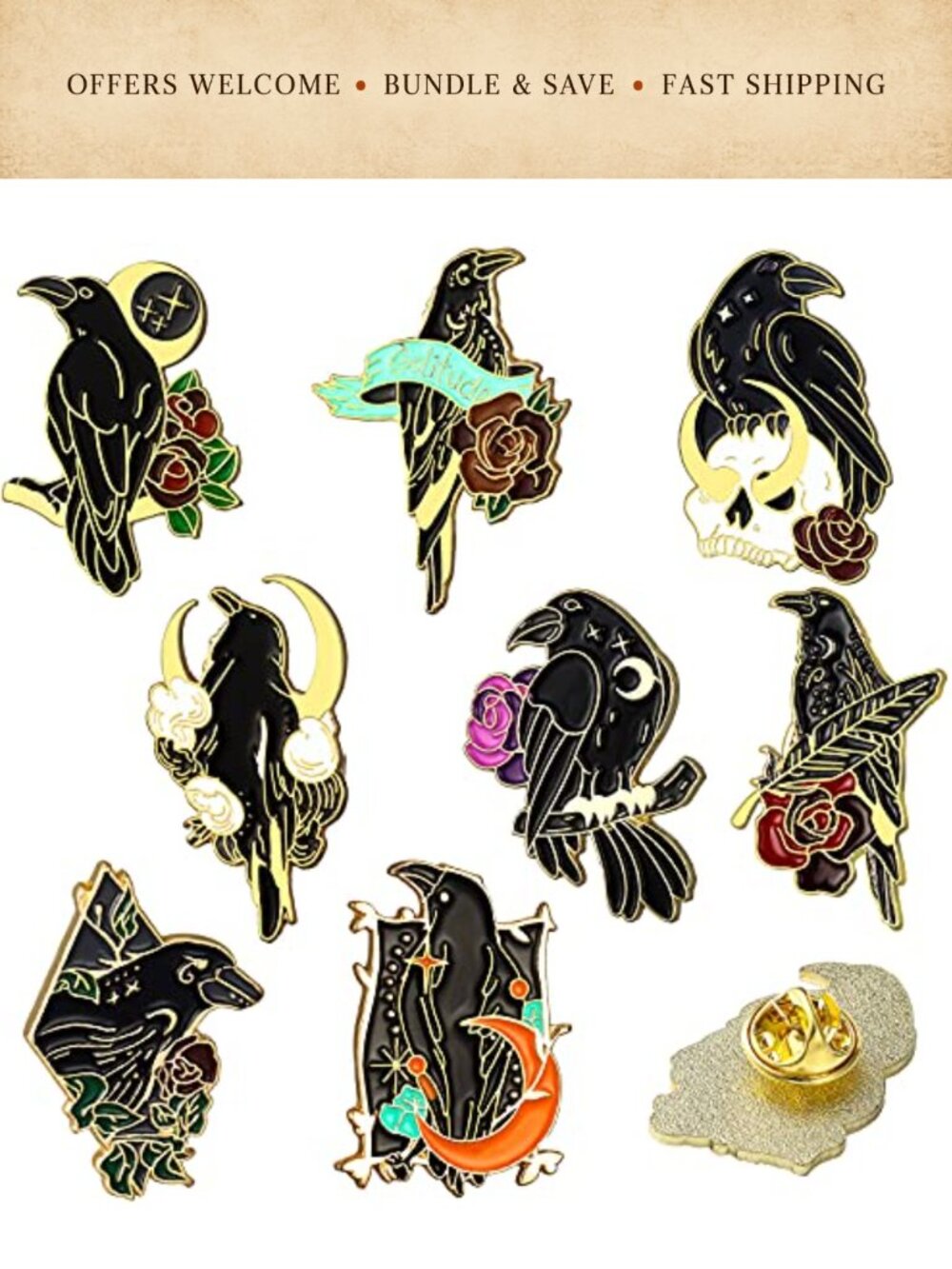 8 Piece Gothic Enamel Pin Set Crow Rose Moon Lapel Brooches Women Zinc Alloy
